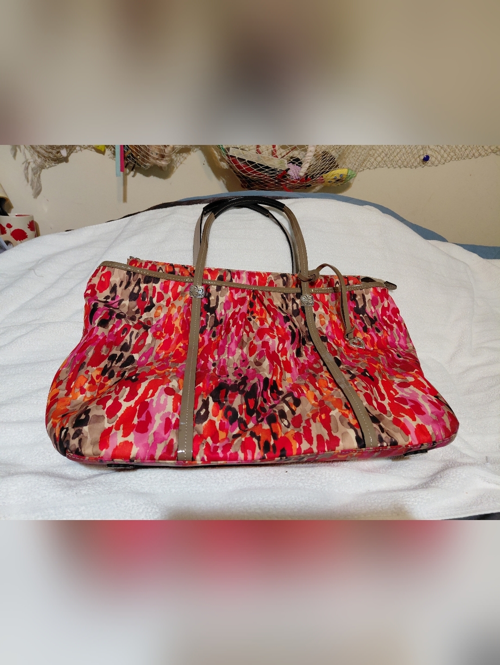 Brighton Milano Spots Tote Nylon Shoulder Purse Bag Orange Red Charm P